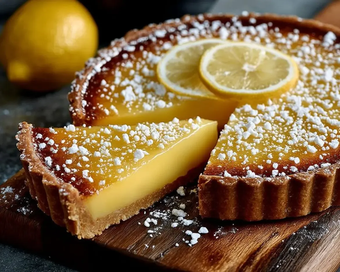 Classic lemon tart with a golden crust and lemon filling on a plate