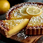 Classic lemon tart with a golden crust and lemon filling on a plate