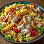 A delicious Club Sandwich Pasta Bowl featuring pasta, turkey, bacon, lettuce, and tomato.