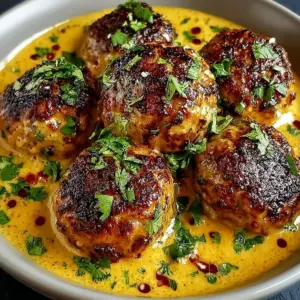 Coconut Curry Chicken Meatballs served on a plate garnished with herbs