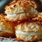 Freshly baked coconut macarons on a plate with a coconut background