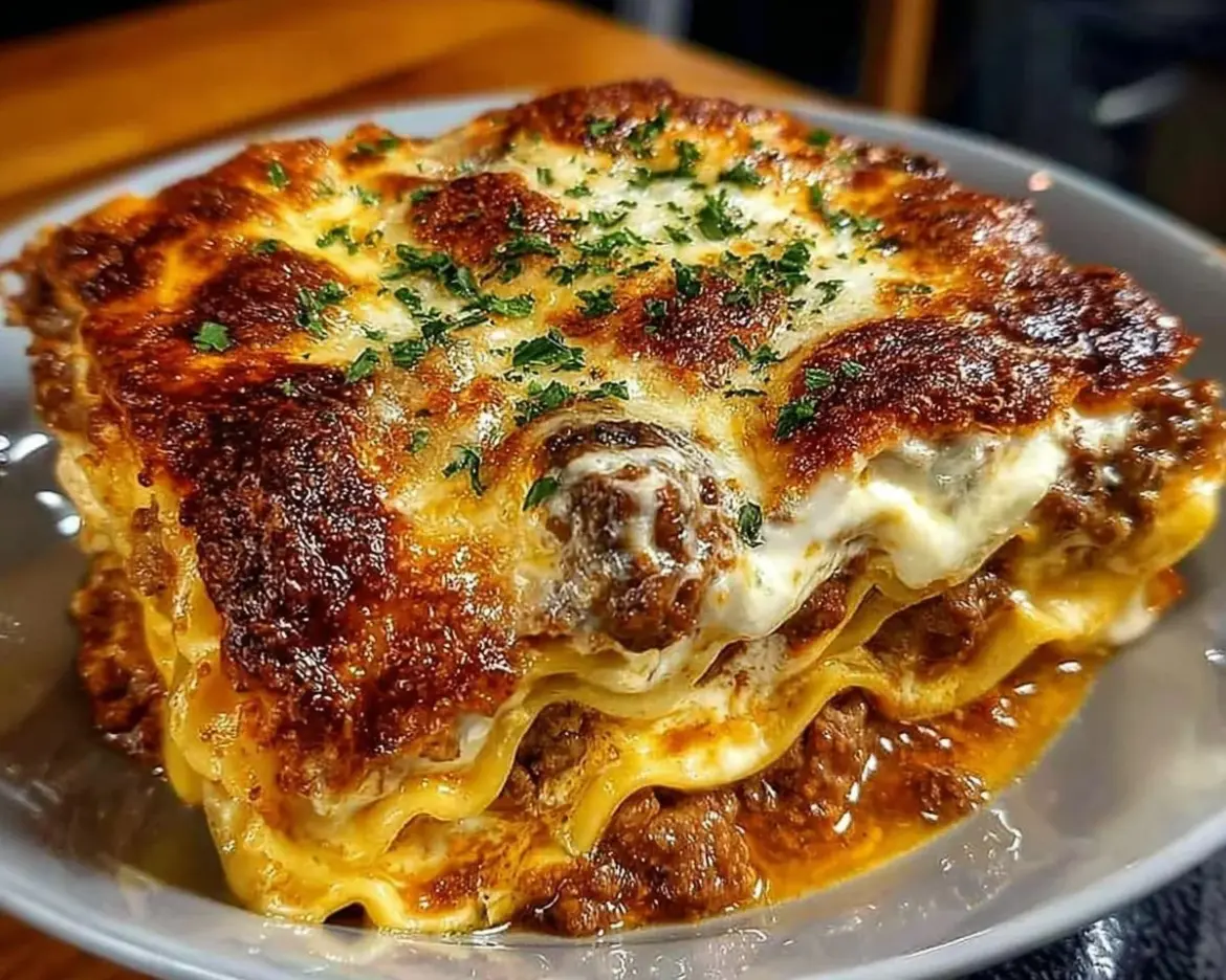 Deliciously baked comforting lasagna with layers of cheese and sauce