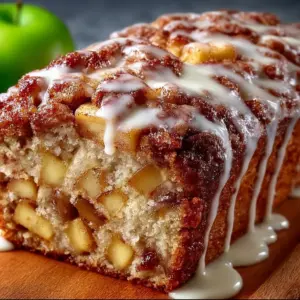 Loaf of Country Apple Fritter Bread with apple slices and glaze