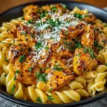 Delicious Cowboy Butter Chicken Pasta served in a bowl garnished with herbs.