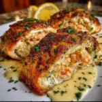 Crab and shrimp stuffed salmon fillet garnished with herbs and lemon slices