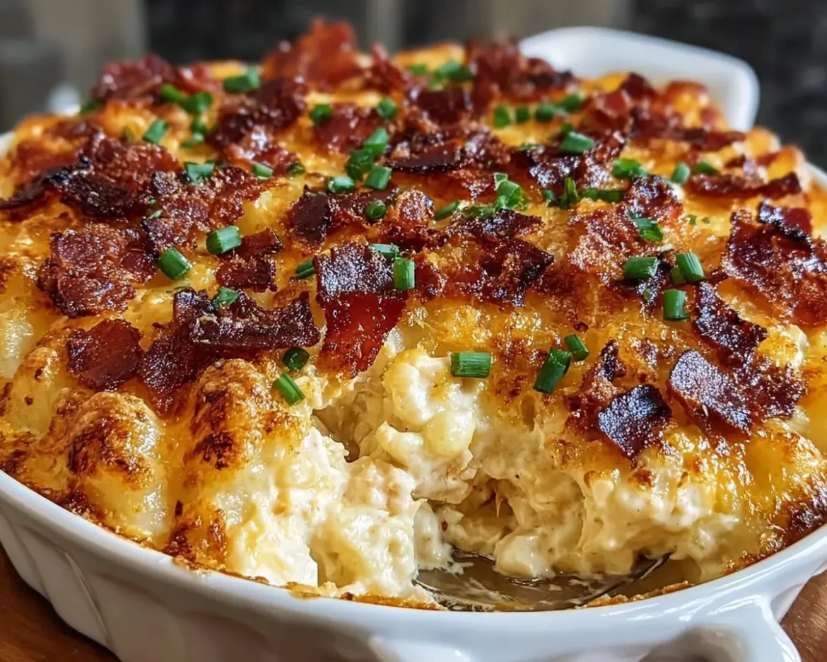 Delicious Crack Chicken Casserole topped with cheese and herbs