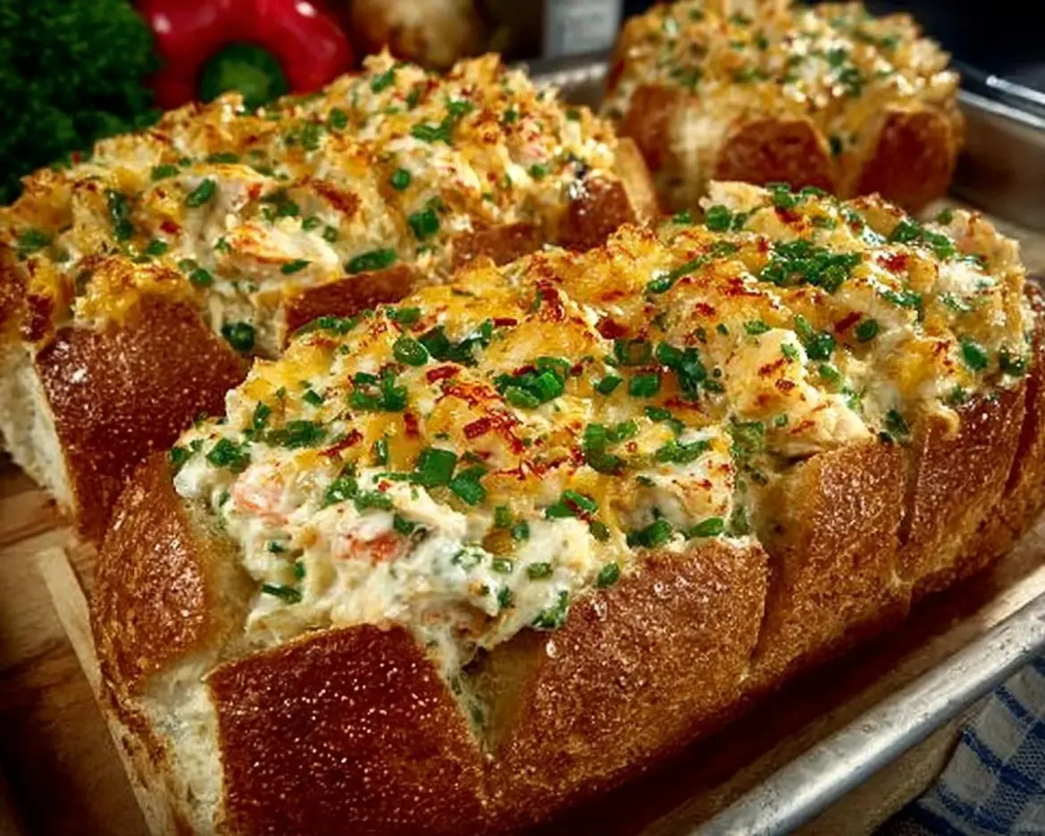 Cracked crab cheese bread fresh out of the oven, golden and cheesy.
