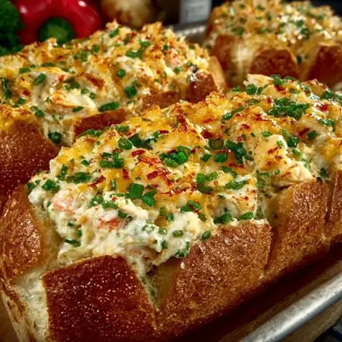 Cracked crab cheese bread fresh out of the oven, golden and cheesy.