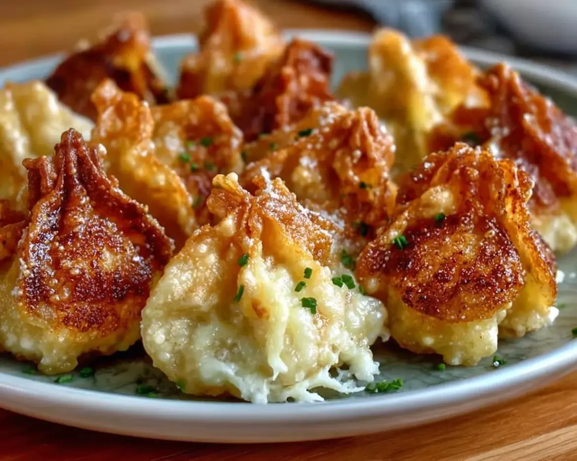 Cream cheese wontons filled with chicken and pepper jack cheese, served crispy.