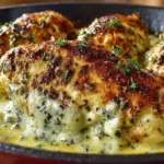 Creamy baked asiago chicken breasts on a plate with herbs