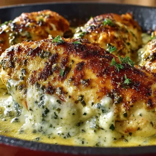 Creamy baked asiago chicken breasts on a plate with herbs