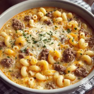 Delicious creamy beef and macaroni soup in a warm bowl