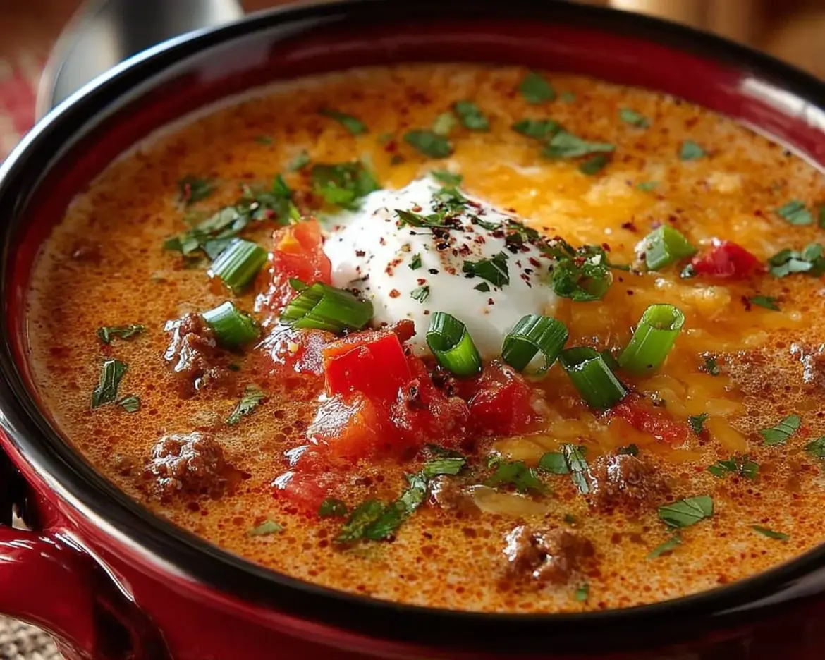 Bowl of creamy beef taco soup topped with cheese and cilantro