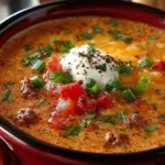 Bowl of creamy beef taco soup topped with cheese and cilantro