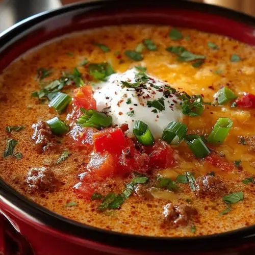 Bowl of creamy beef taco soup topped with cheese and cilantro