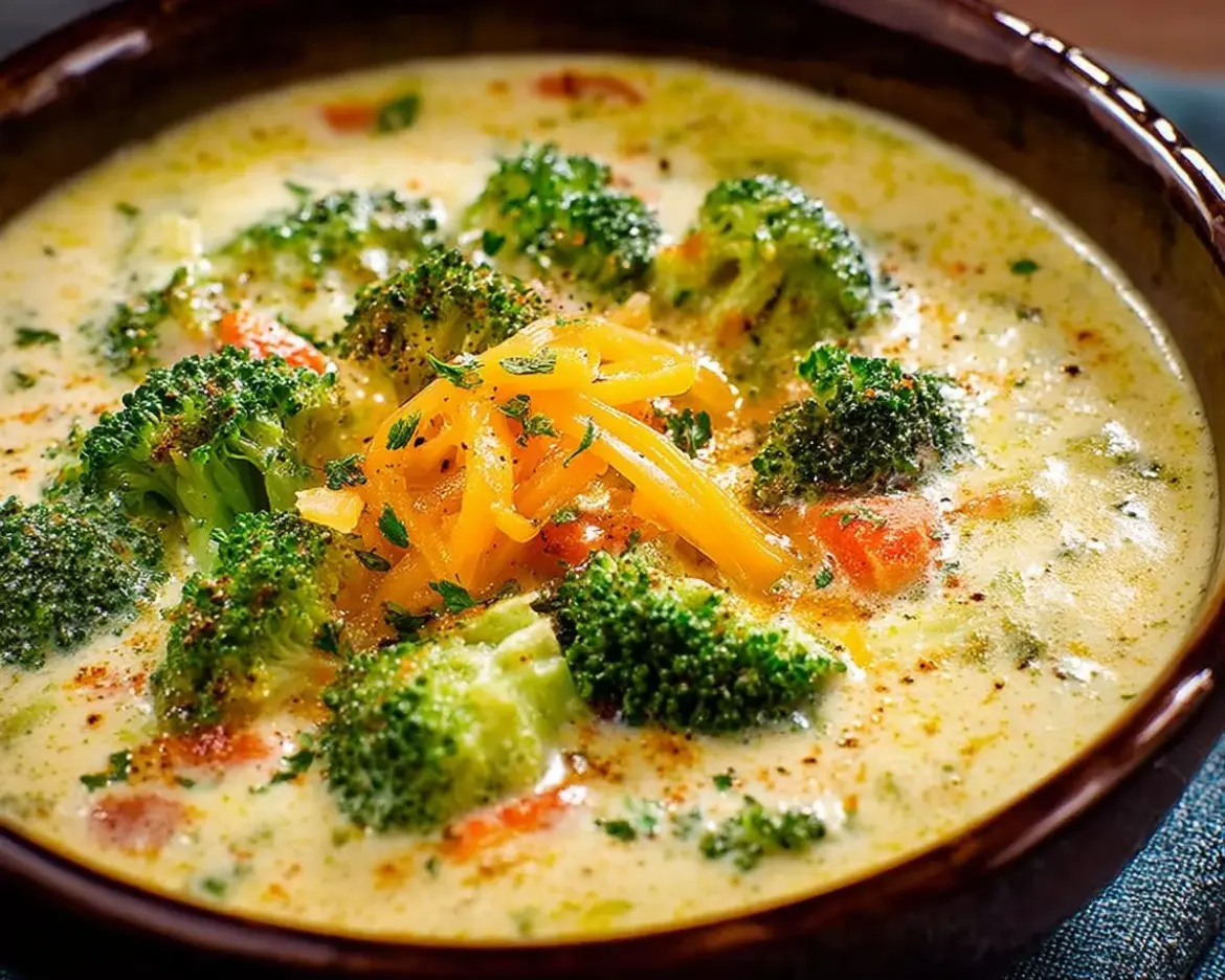 Bowl of creamy Broccoli Cheddar Soup garnished with cheese and herbs