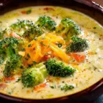Bowl of creamy Broccoli Cheddar Soup garnished with cheese and herbs