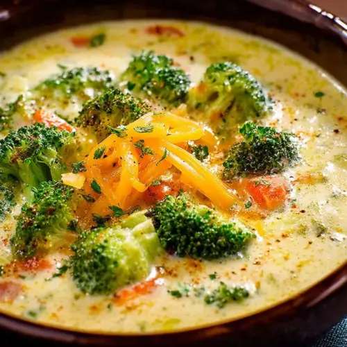 Bowl of creamy Broccoli Cheddar Soup garnished with cheese and herbs