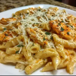 Creamy Buffalo Chicken Penne pasta dish topped with spicy sauce and cheese