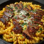 Creamy Cajun Butter Steak Pasta in a skillet, ready to serve