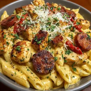 Creamy Cajun Chicken and Sausage Pasta Skillet dish garnished with herbs