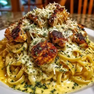 Creamy Cajun Chicken Linguine topped with garlic mozzarella sauce