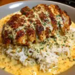 Delicious creamy Cajun chicken served over rice with vibrant spices.
