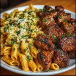 Delicious Cajun Steak Bites served with garlic parmesan penne pasta