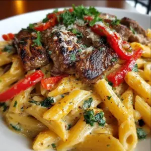 Creamy Cajun Steak Penne dish with garlic and Parmesan on a plate