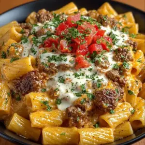 Delicious creamy cheesy beef rigatoni served in a bowl