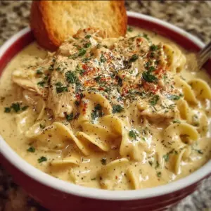 Bowl of creamy Chicken Alfredo soup topped with herbs and grated cheese