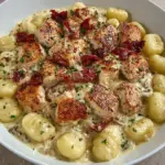 Delicious creamy chicken and gnocchi in a bowl garnished with parsley.