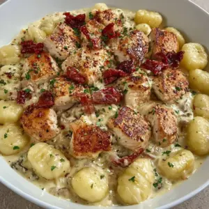 Delicious creamy chicken and gnocchi in a bowl garnished with parsley.