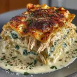 Creamy chicken lasagna layered with white sauce, cheese, and tender chicken pieces.
