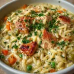 Creamy chicken pot pie orzo, a delicious and comforting dinner recipe.