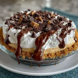 Delicious creamy chocolate peanut butter pie garnished with chocolate shavings