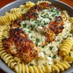 Creamy garlic butter chicken served with rotini pasta in Parmesan sauce