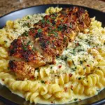 Plate of creamy Garlic Parmesan Chicken with cheesy twisted pasta