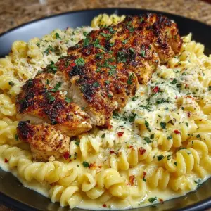 Plate of creamy Garlic Parmesan Chicken with cheesy twisted pasta