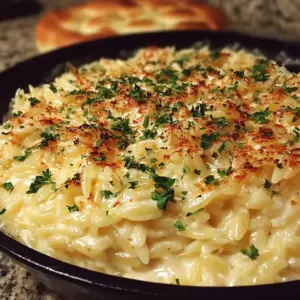 Creamy Garlic Parmesan Orzo dish garnished with parsley and parmesan cheese