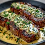 Creamy garlic sauce drizzled over a perfectly grilled steak