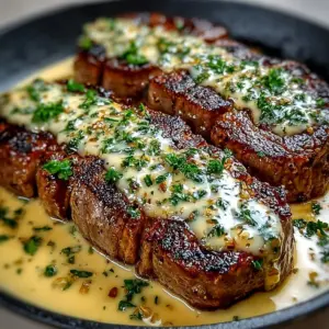 Creamy garlic sauce drizzled over a perfectly grilled steak