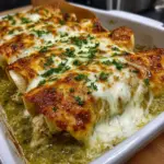 Creamy green chile chicken enchiladas topped with cheese and green sauce