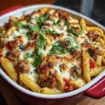 Creamy Italian sausage pasta bake served in a casserole dish