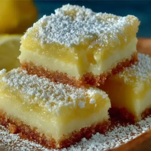 Delicious creamy lemon squares with a tangy lemon filling and a crumbly crust.