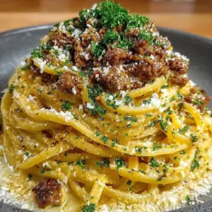 Creamy parmesan beef linguine in garlic butter sauce served on a plate