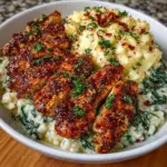 Creamy Parmesan Spinach Rice served with spicy garlic chicken meal