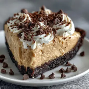 Delicious creamy peanut butter pie with chocolate crust on a plate
