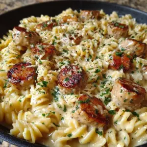 Creamy Pepper Jack Chicken and Sausage Pasta dish garnished with herbs