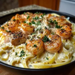 A delicious plate of creamy salmon shrimp Alfredo garnished with parsley